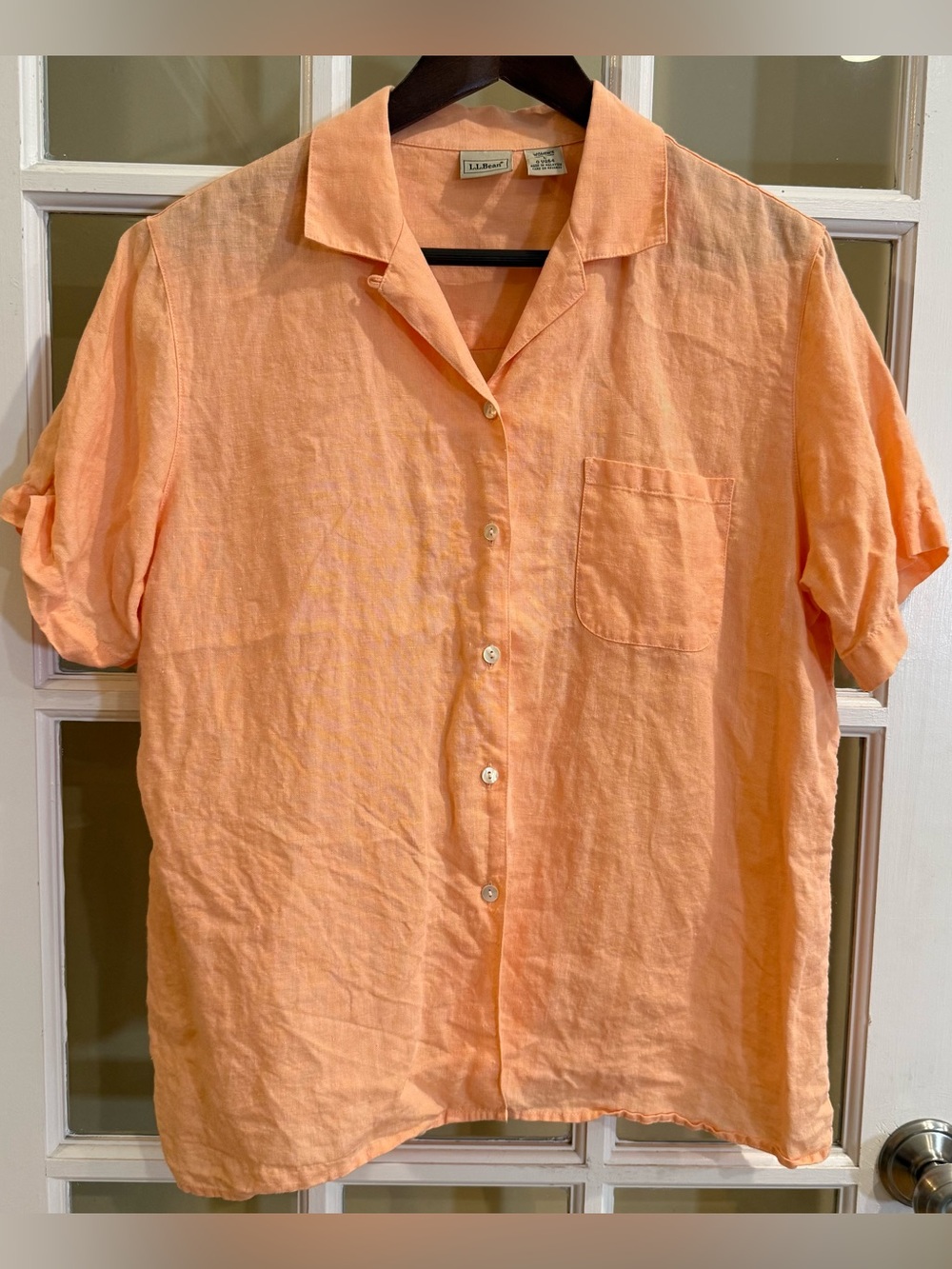 L.L. Bean 100% Linen top shirt Sz L women's short sleeve button up Coral peach